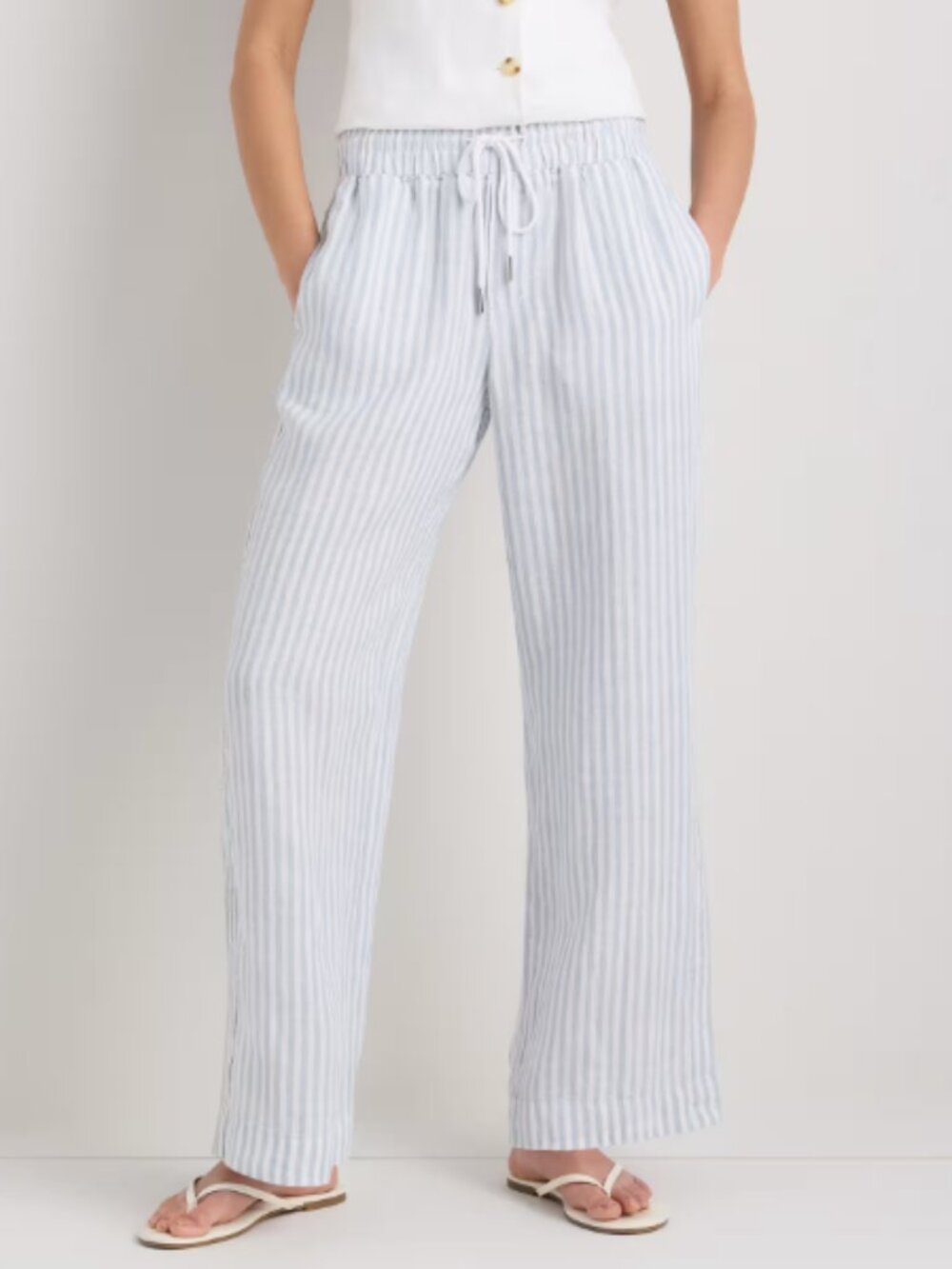 Quince 100% European Linen Wide Leg Pants Sky Blue Mariner Stripe - XS